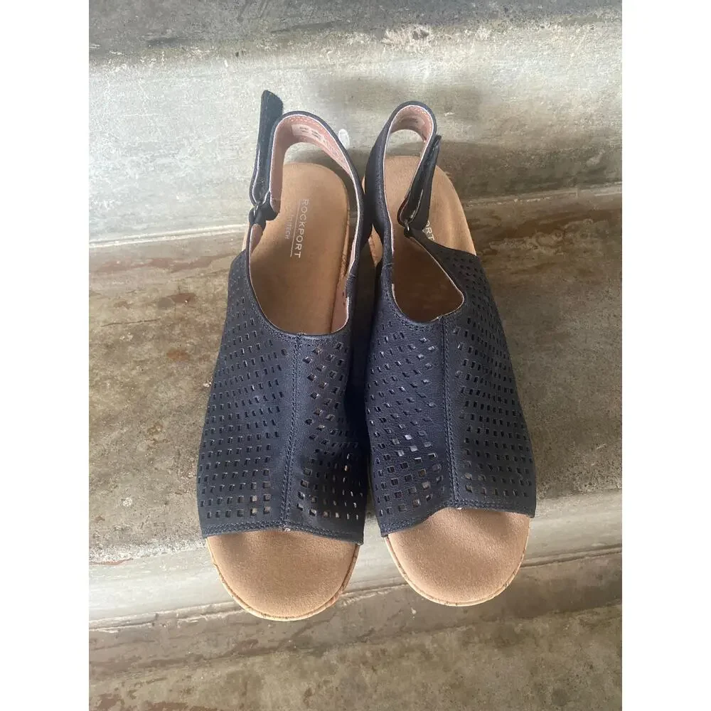 Rockport Briah black perforated suede wedge sandal with adjustable back strap